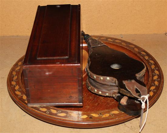 Late Georgian mahogany candle box, pair decorative bellows & a turned wood bowl, with foliate inlay, DW & 1951